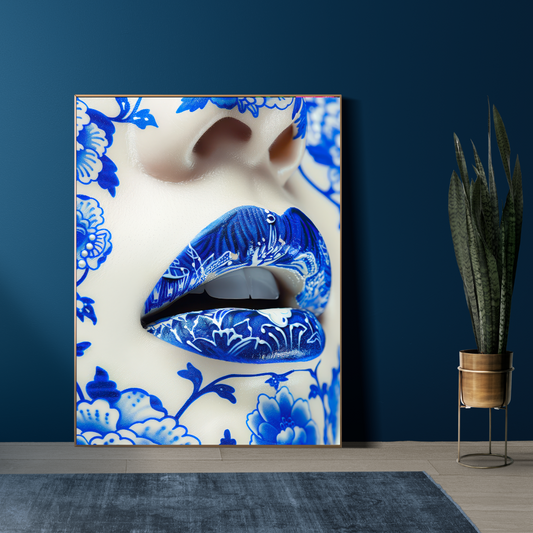 Chinoiserie Chic – Blue Porcelain Lips Art Print