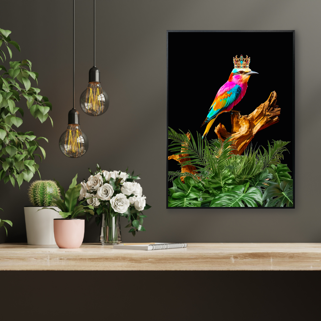 Regal Majesty – Colourful Bird with Crown Print