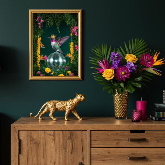 Crowned Hummingbird Disco Ball – Luxe Maximalist Print