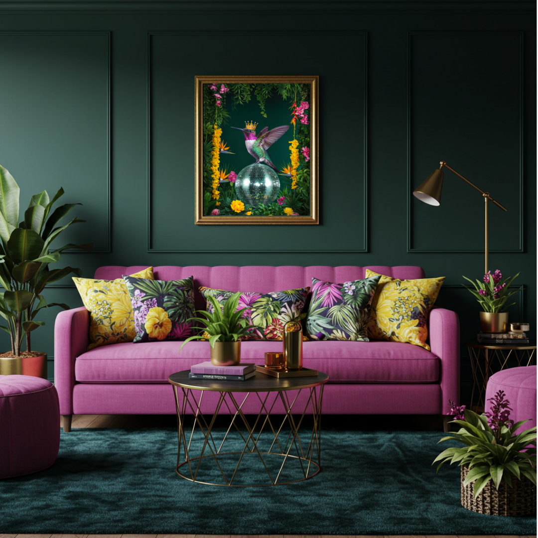 Crowned Hummingbird Disco Ball – Luxe Maximalist Print