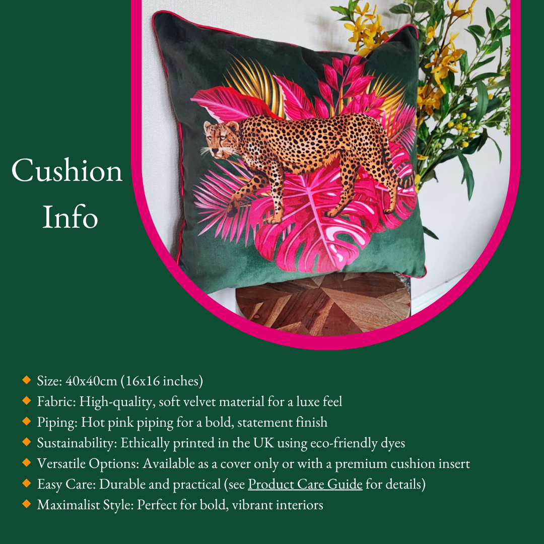 Luxe Leopard Cushion – Emerald Green & Fuchsia Jungle Elegance with Hot Pink Piping