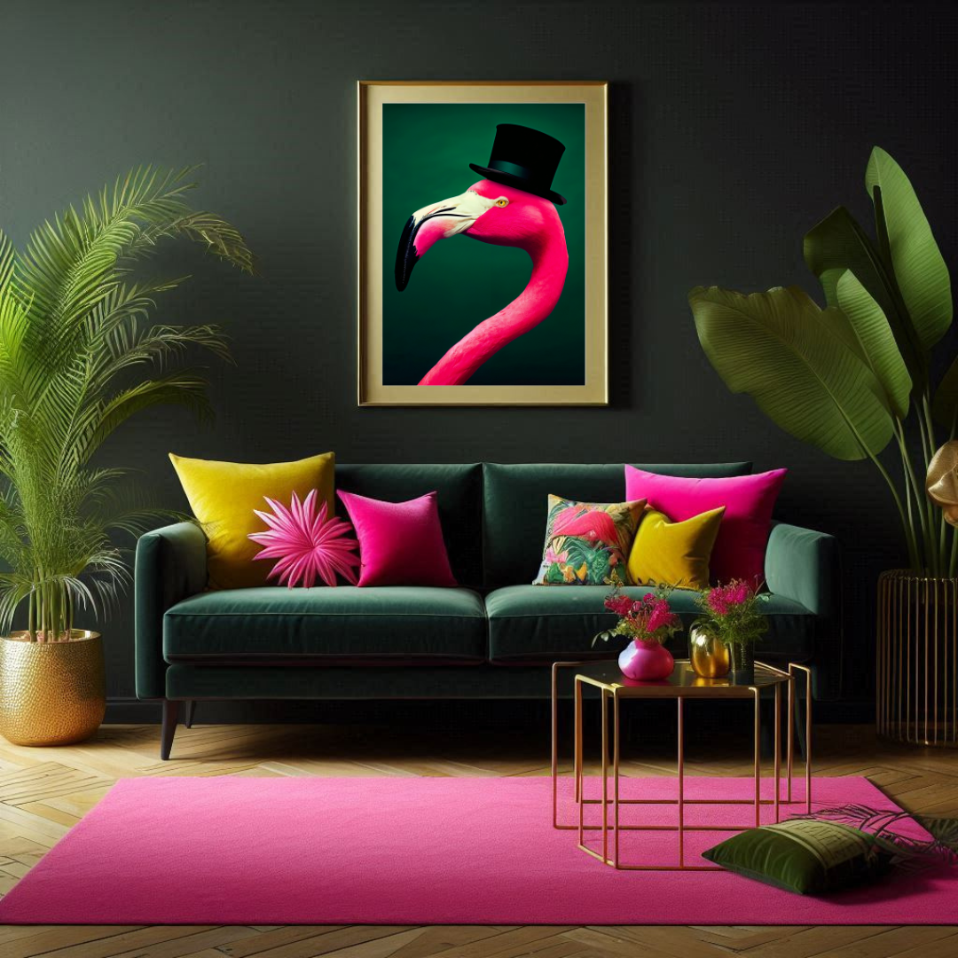 Flamingo in a Top Hat – Playful Luxe Maximalist Print