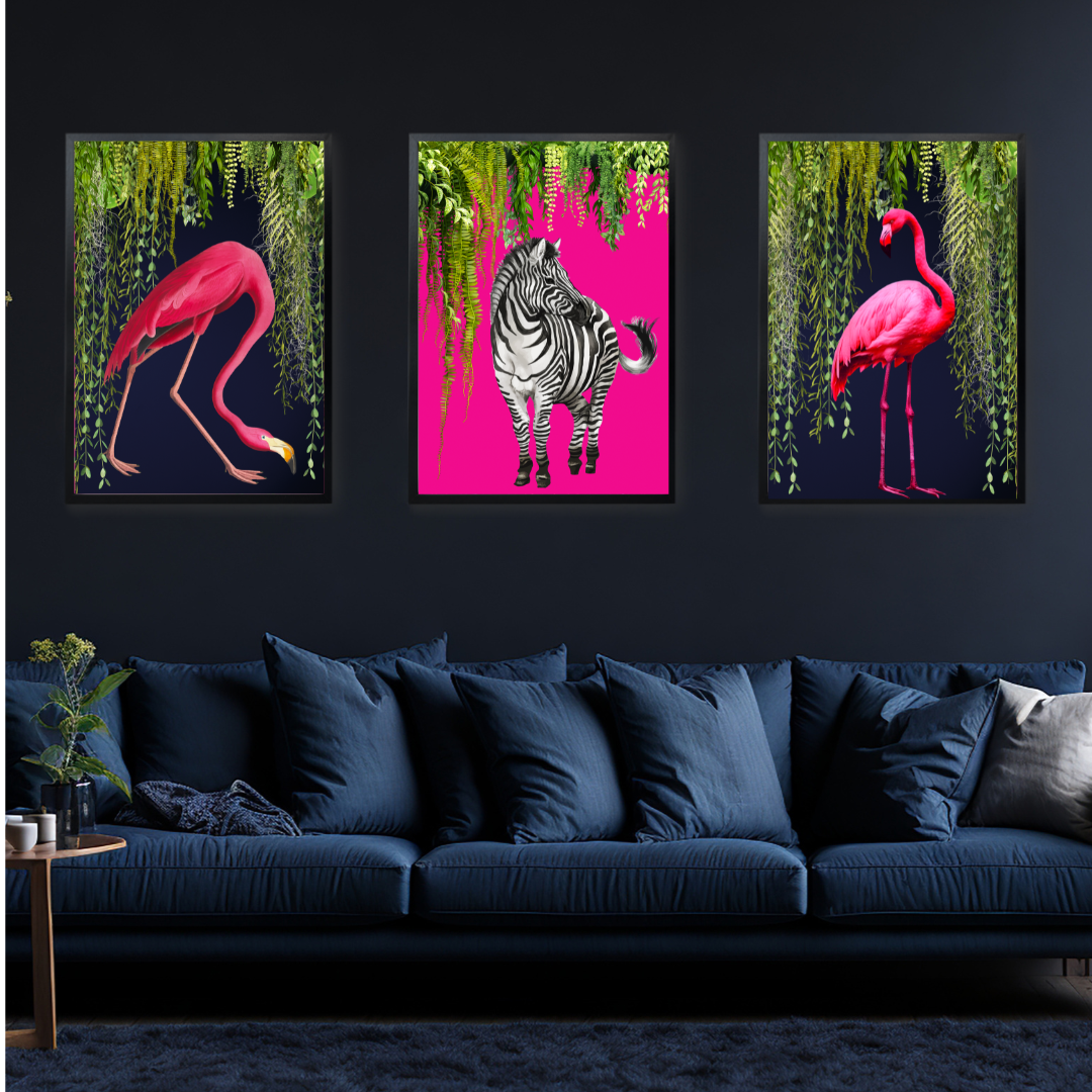 Flamingo & Zebra – Luxe Tropical Maximalist Print Set (Set of 3)