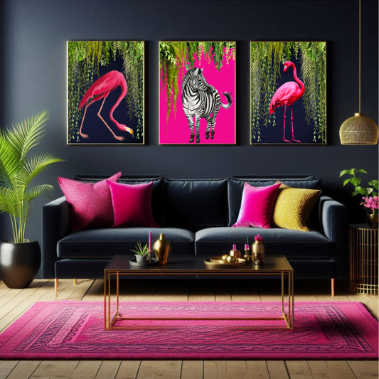 Flamingo & Zebra – Luxe Tropical Maximalist Print Set (Set of 3)