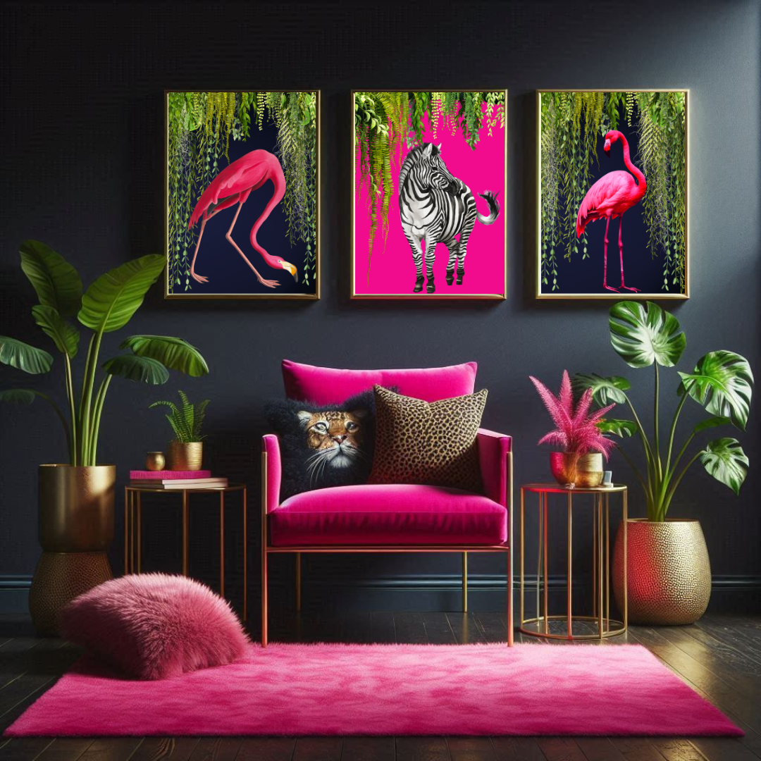 Flamingo & Zebra – Luxe Tropical Maximalist Print Set (Set of 3)