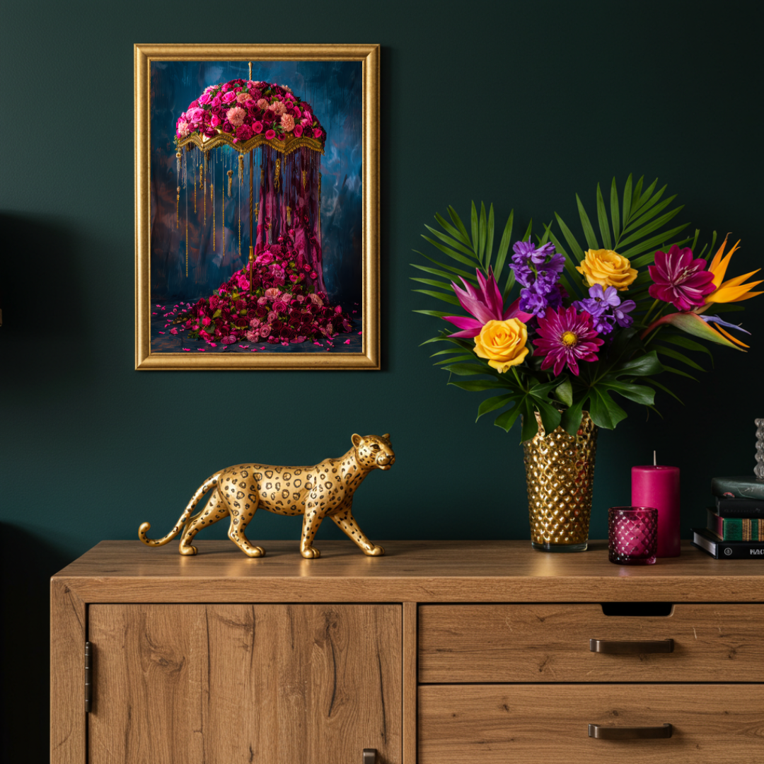 Floral Umbrella – Maximalist Rose & Tassel Wall Art