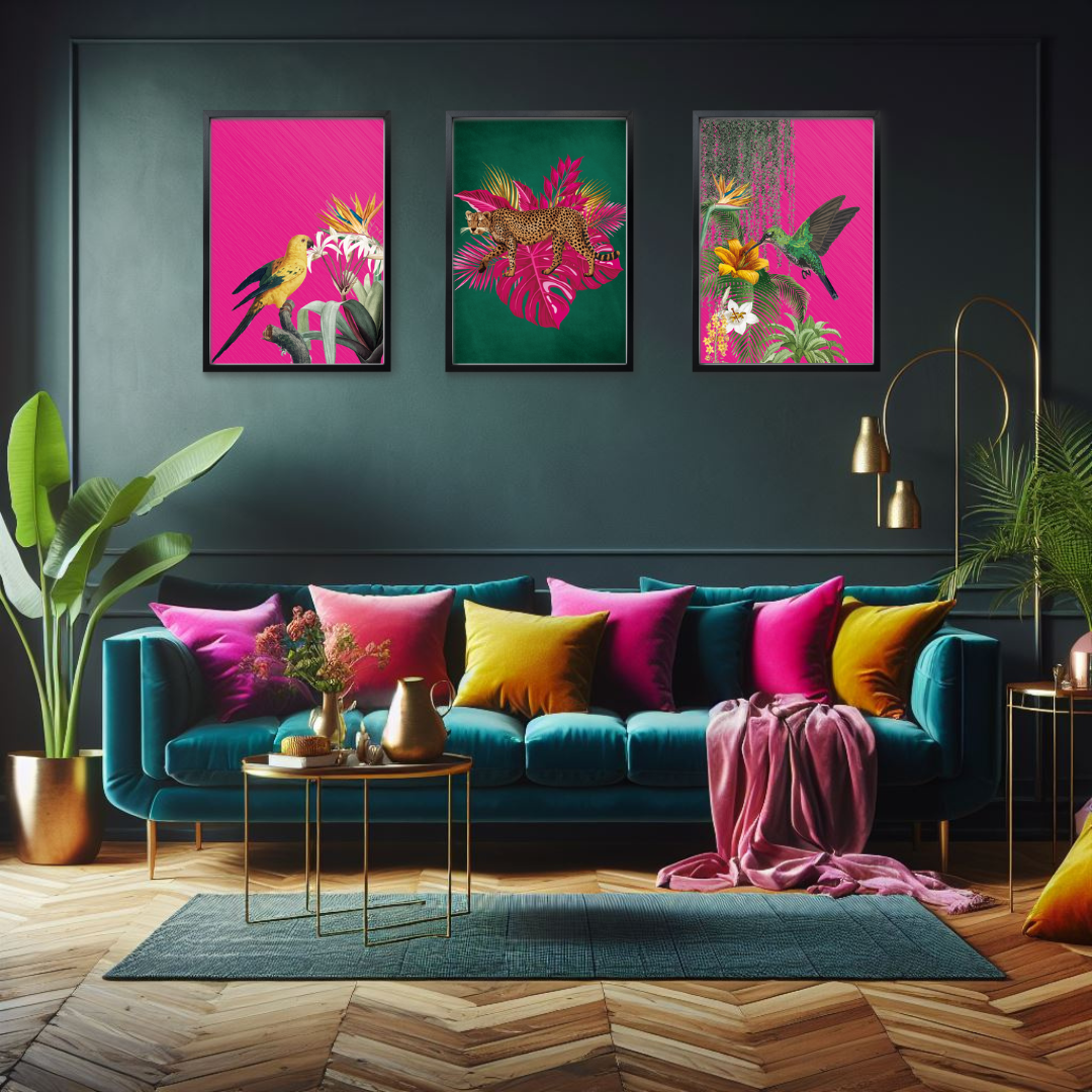 Set of 3 Tropical Leopard & Bird Prints – Hot Pink & Green Maximalist Wall Art