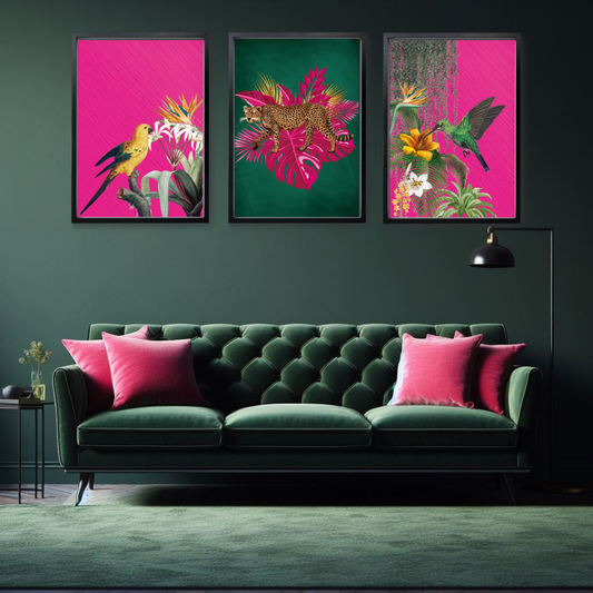 Set of 3 Tropical Leopard & Bird Prints – Hot Pink & Green Maximalist Wall Art