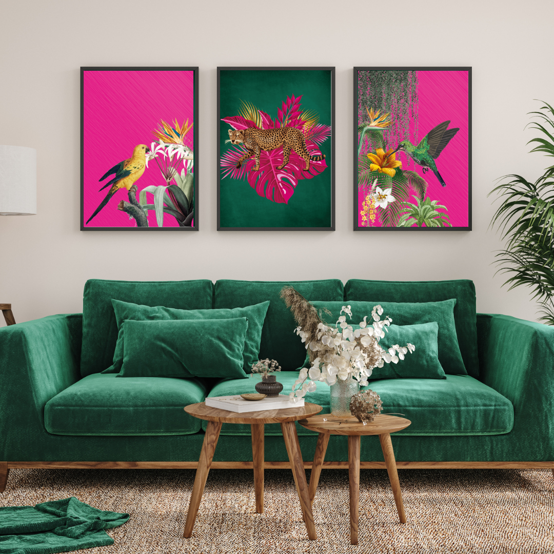 Set of 3 Tropical Leopard & Bird Prints – Hot Pink & Green Maximalist Wall Art
