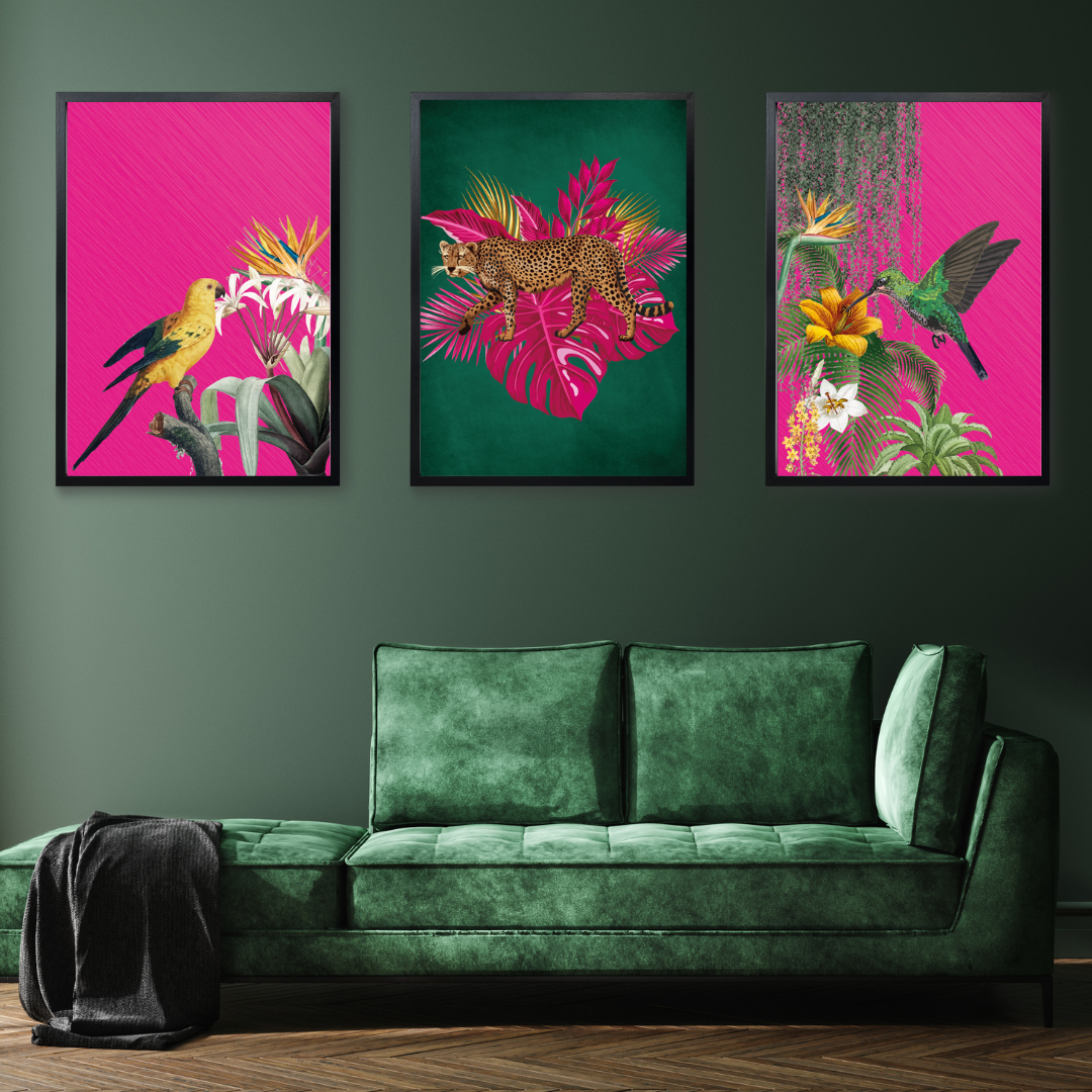 Set of 3 Tropical Leopard & Bird Prints – Hot Pink & Green Maximalist Wall Art