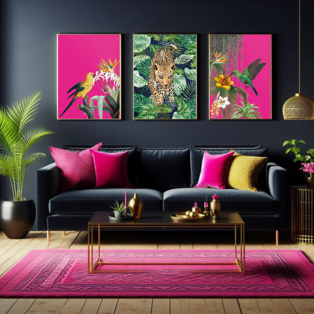 Hot Pink Birds & Navy Leopard – Luxe Tropical Print Set of 3