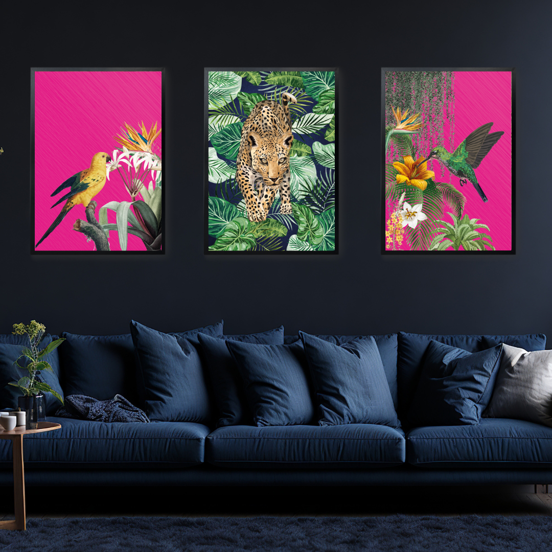 Hot Pink Birds & Navy Leopard – Luxe Tropical Print Set of 3