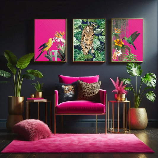 Hot Pink Birds & Navy Leopard – Luxe Tropical Print Set of 3