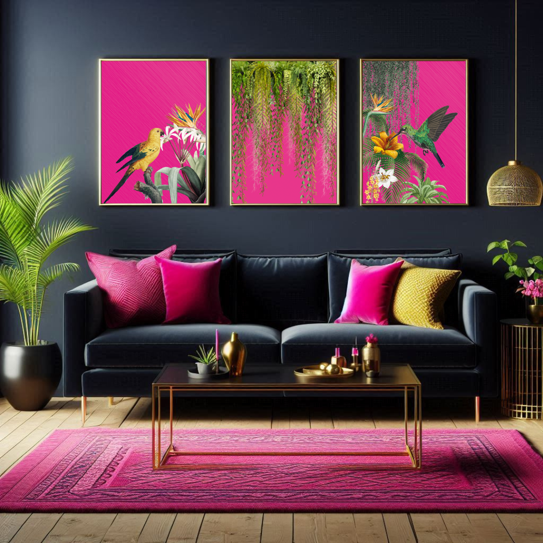 Hot Pink Maximalist Birds – Luxe Set of 3 Prints