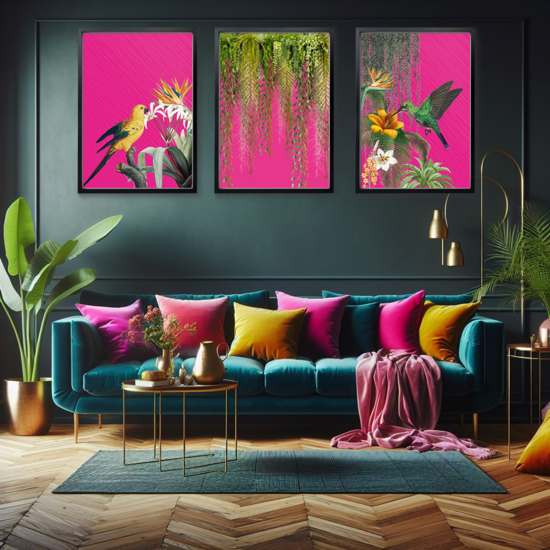 Hot Pink Maximalist Birds – Luxe Set of 3 Prints