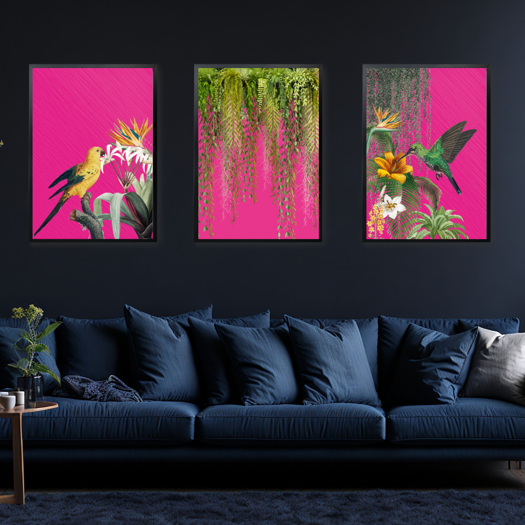 Hot Pink Maximalist Birds – Luxe Set of 3 Prints
