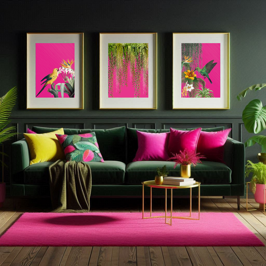 Hot Pink Maximalist Birds – Luxe Set of 3 Prints