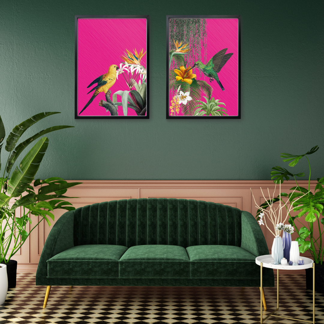 Hot Pink Tropical Bird Print Set of 2 β Bold Maximalist Wall Art