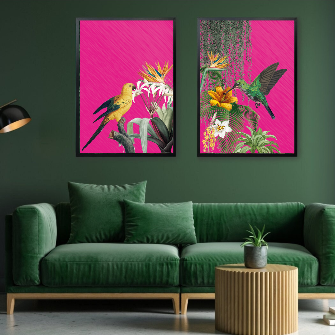 Hot Pink Tropical Bird Print Set of 2 β Bold Maximalist Wall Art