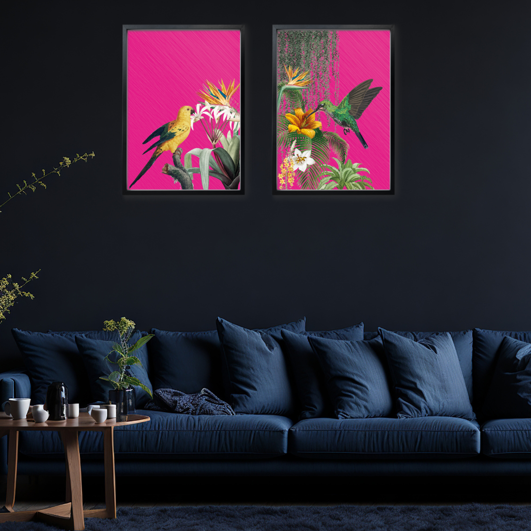 Hot Pink Tropical Bird Print Set of 2 β Bold Maximalist Wall Art