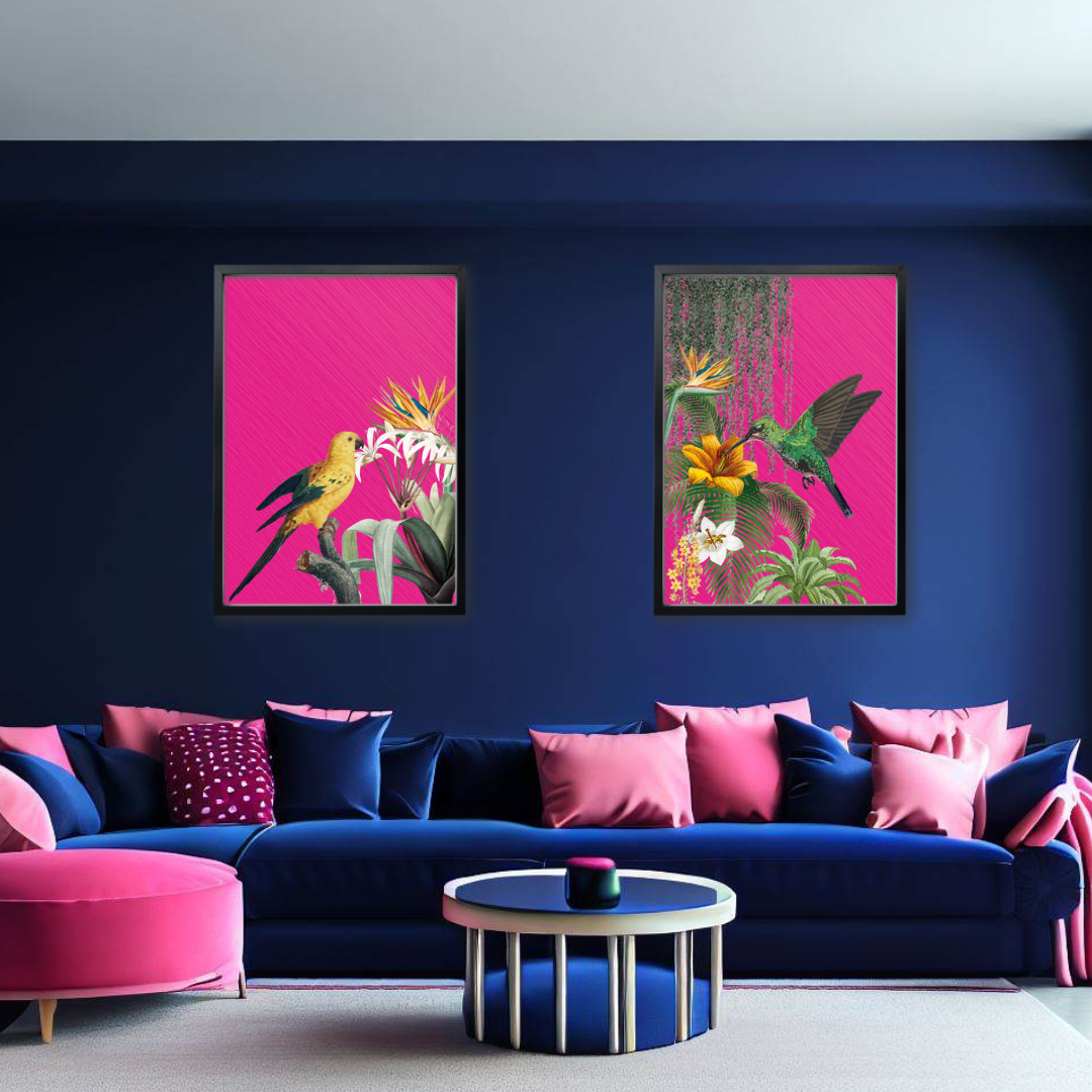 Hot Pink Tropical Bird Print Set of 2 β Bold Maximalist Wall Art