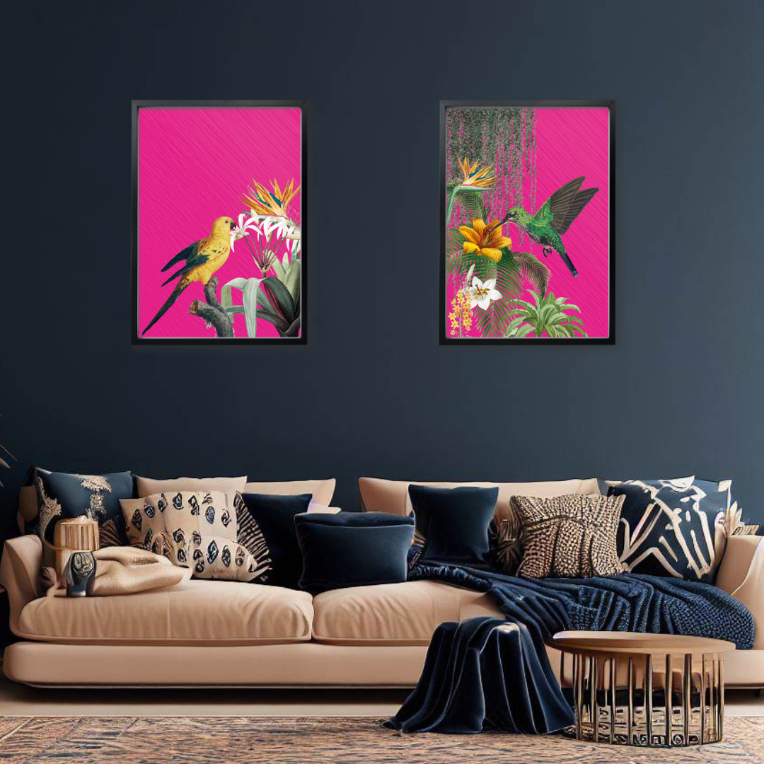 Hot Pink Tropical Bird Print Set of 2 β Bold Maximalist Wall Art