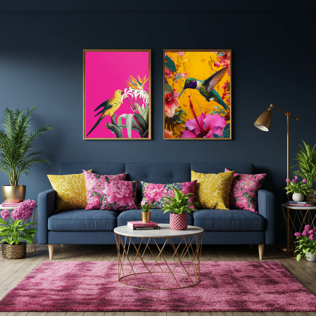 Tropical Hummingbird Duo – Bold Maximalist Print Set of 2