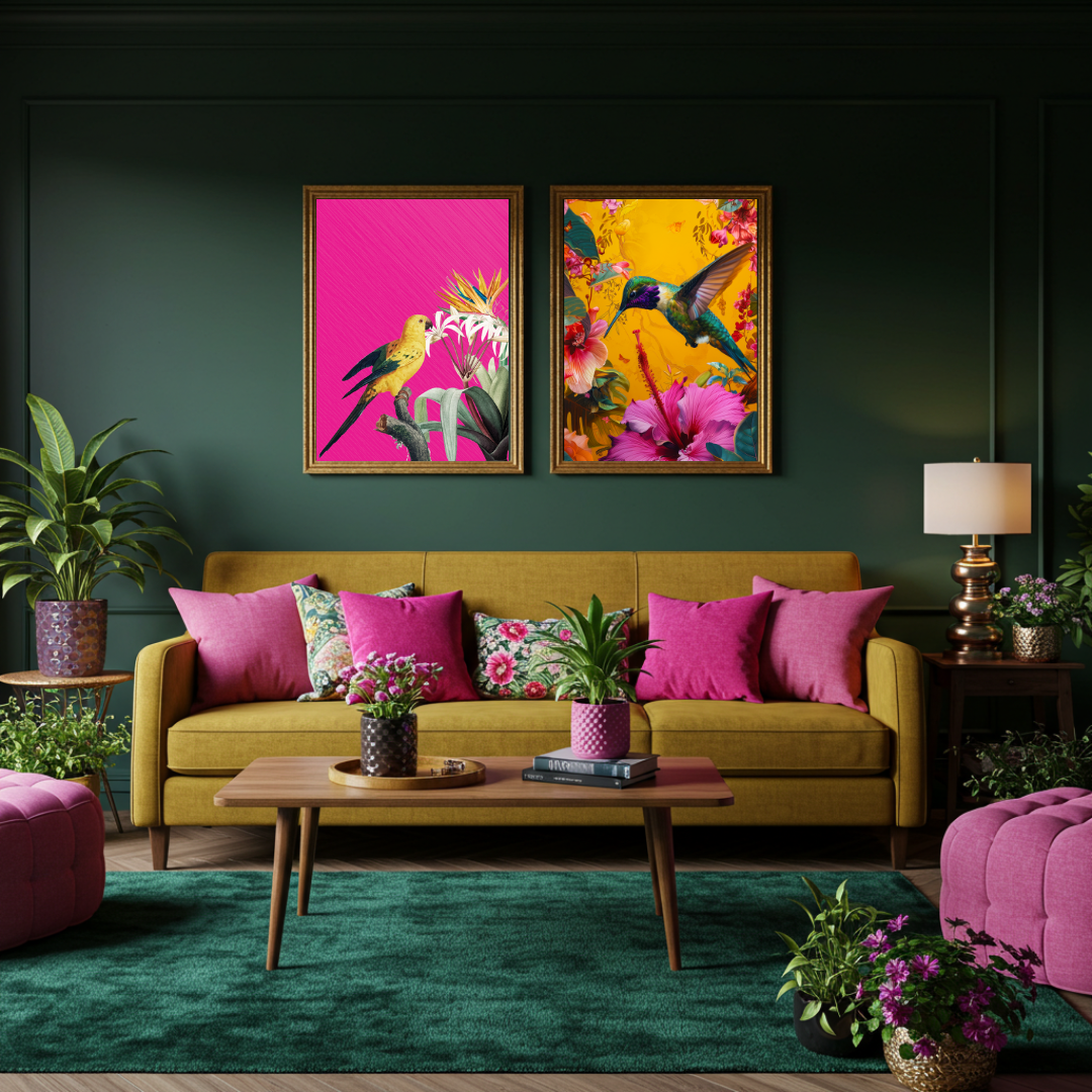 Tropical Hummingbird Duo – Bold Maximalist Print Set of 2