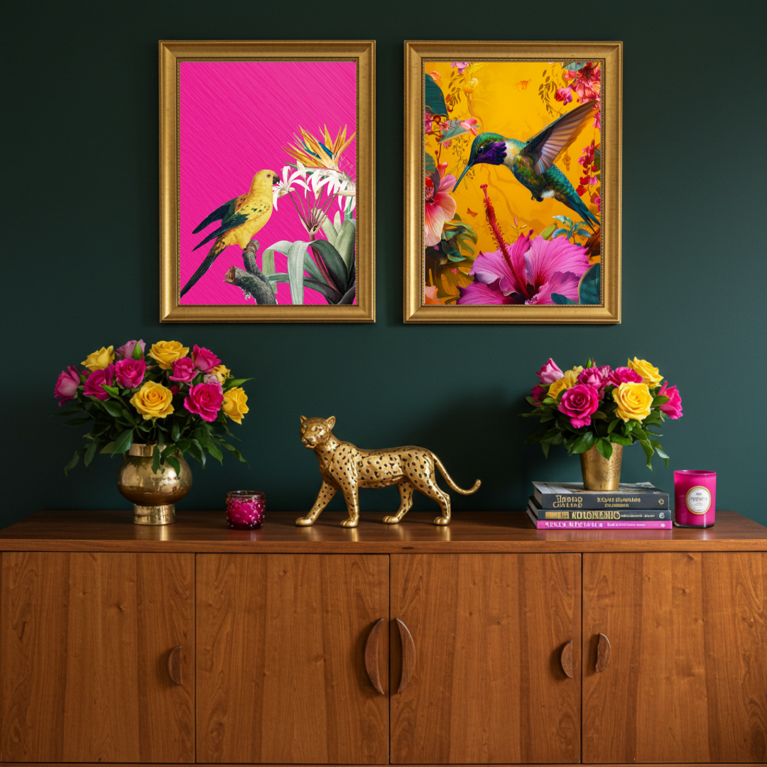 Tropical Hummingbird Duo – Bold Maximalist Print Set of 2