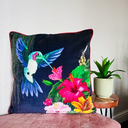 Hummingbird Paradise Cushion – Midnight Jungle with Hot Pink Piping