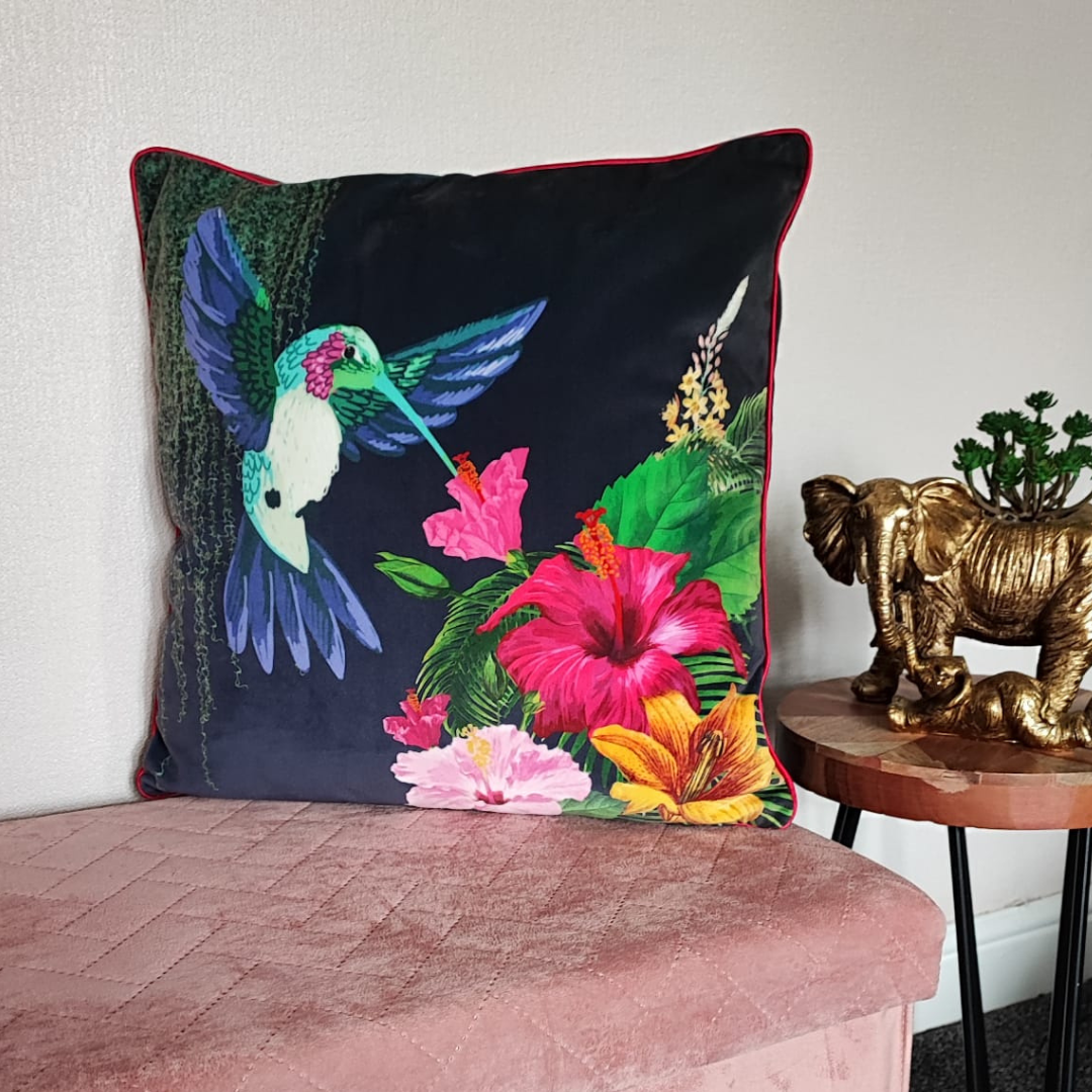 Hummingbird Paradise Cushion – Midnight Jungle with Hot Pink Piping