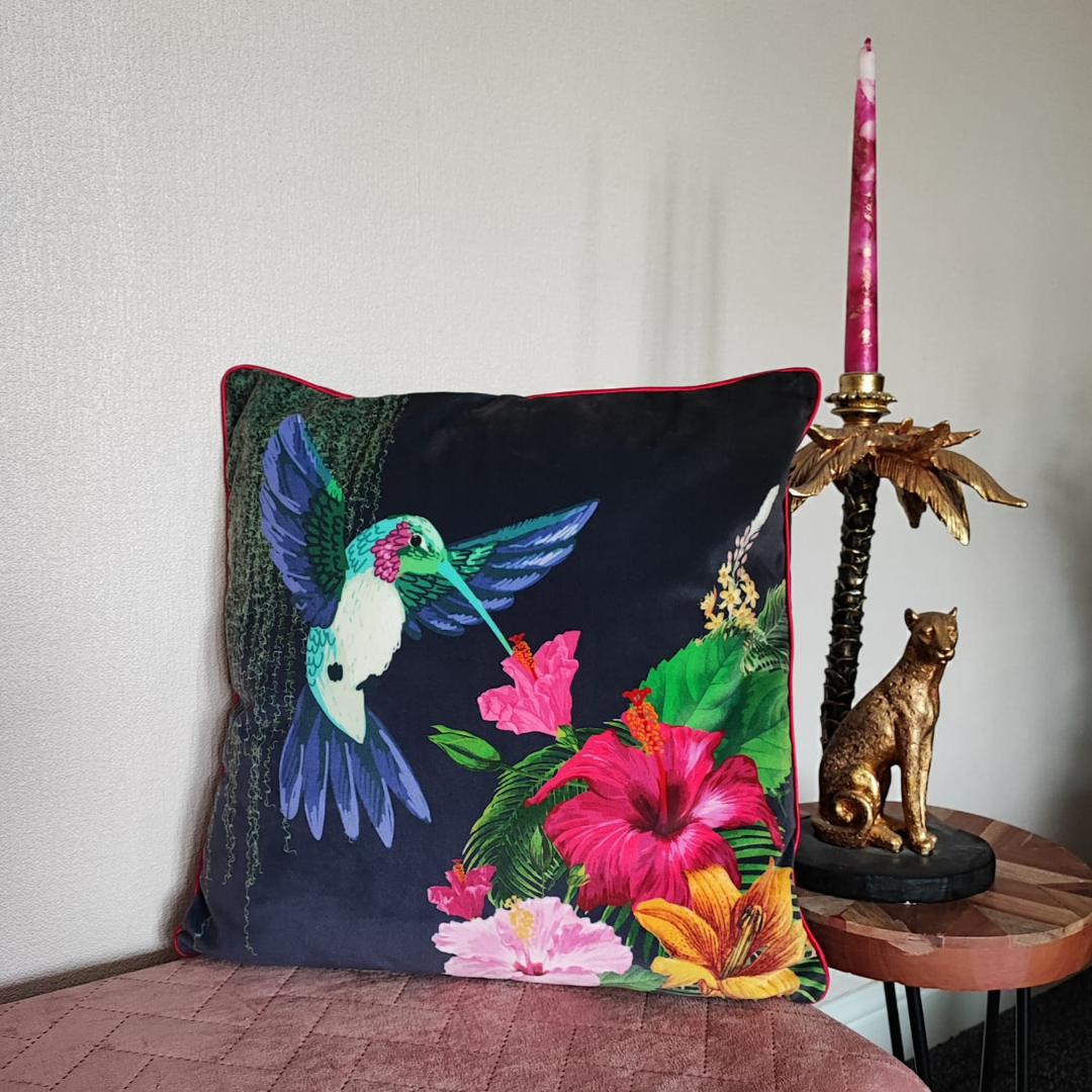 Hummingbird Paradise Cushion – Midnight Jungle with Hot Pink Piping