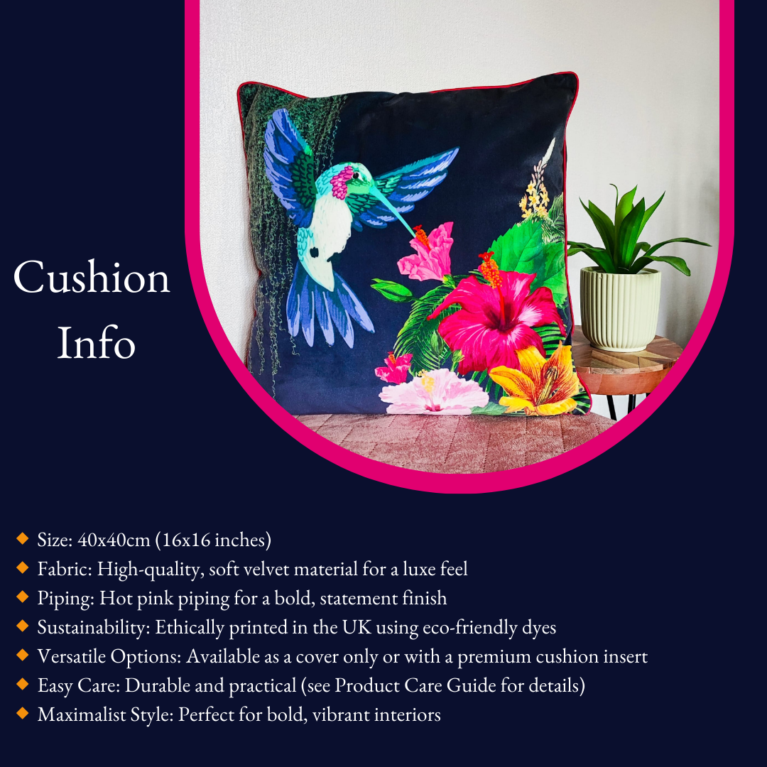 Hummingbird Paradise Cushion – Midnight Jungle with Hot Pink Piping