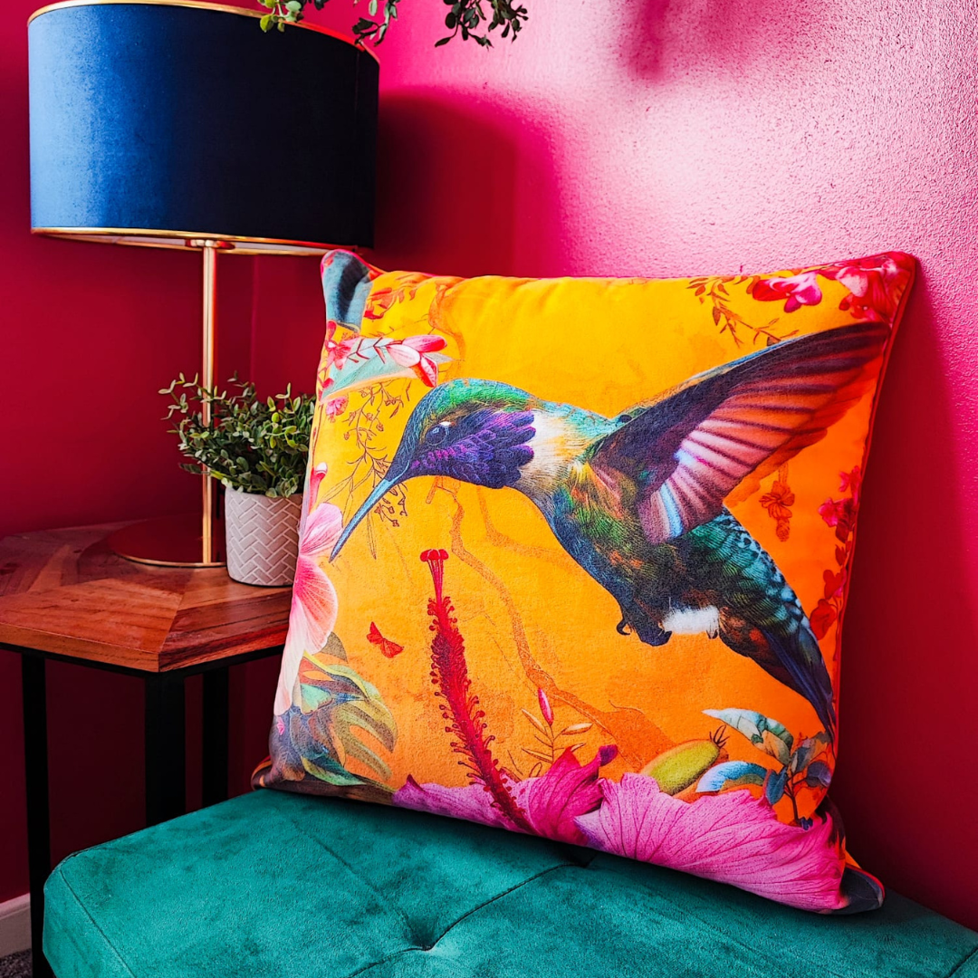 Tropical Hummingbird Cushion – Mustard Yellow Velvet with Hot Pink Piping