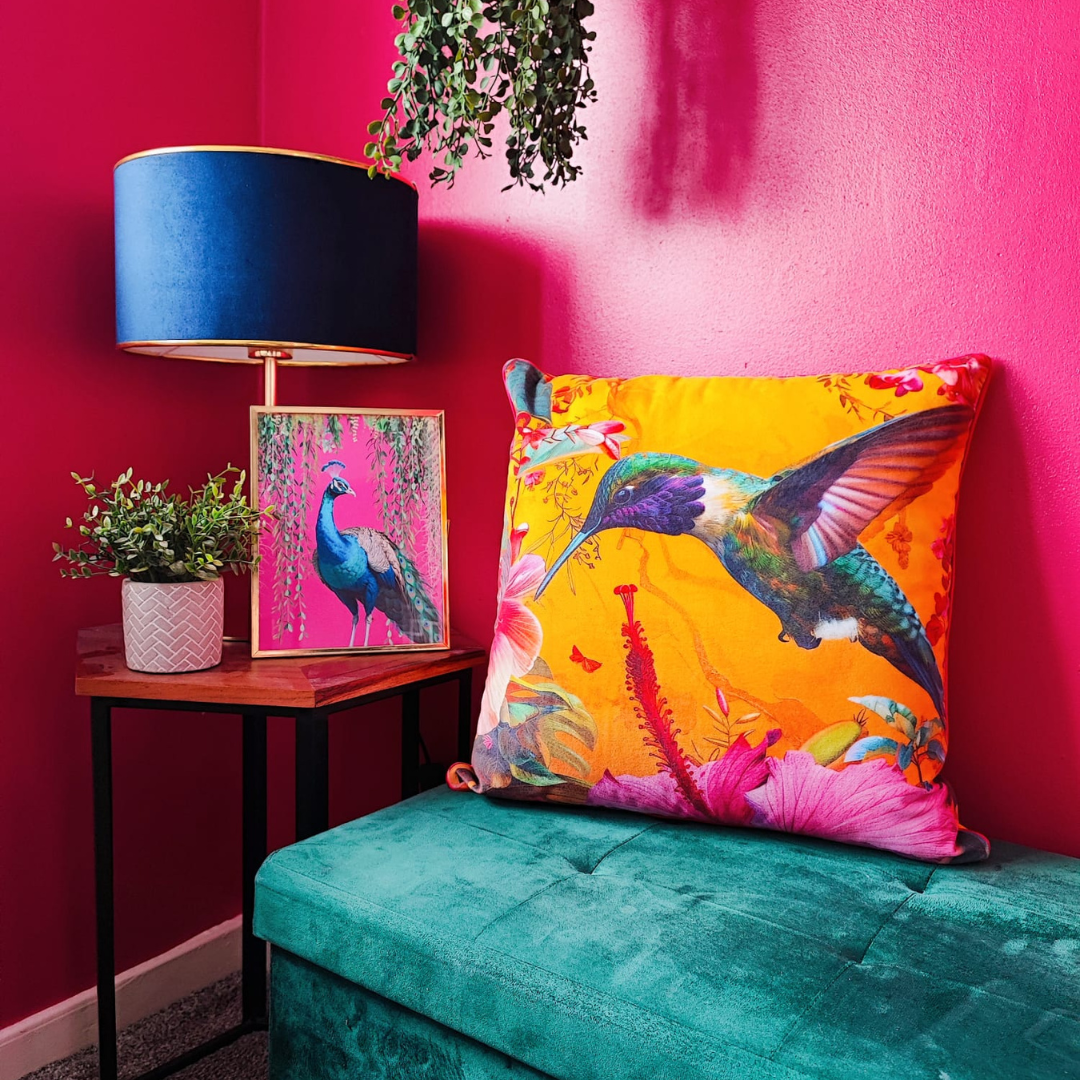 Tropical Hummingbird Cushion – Mustard Yellow Velvet with Hot Pink Piping