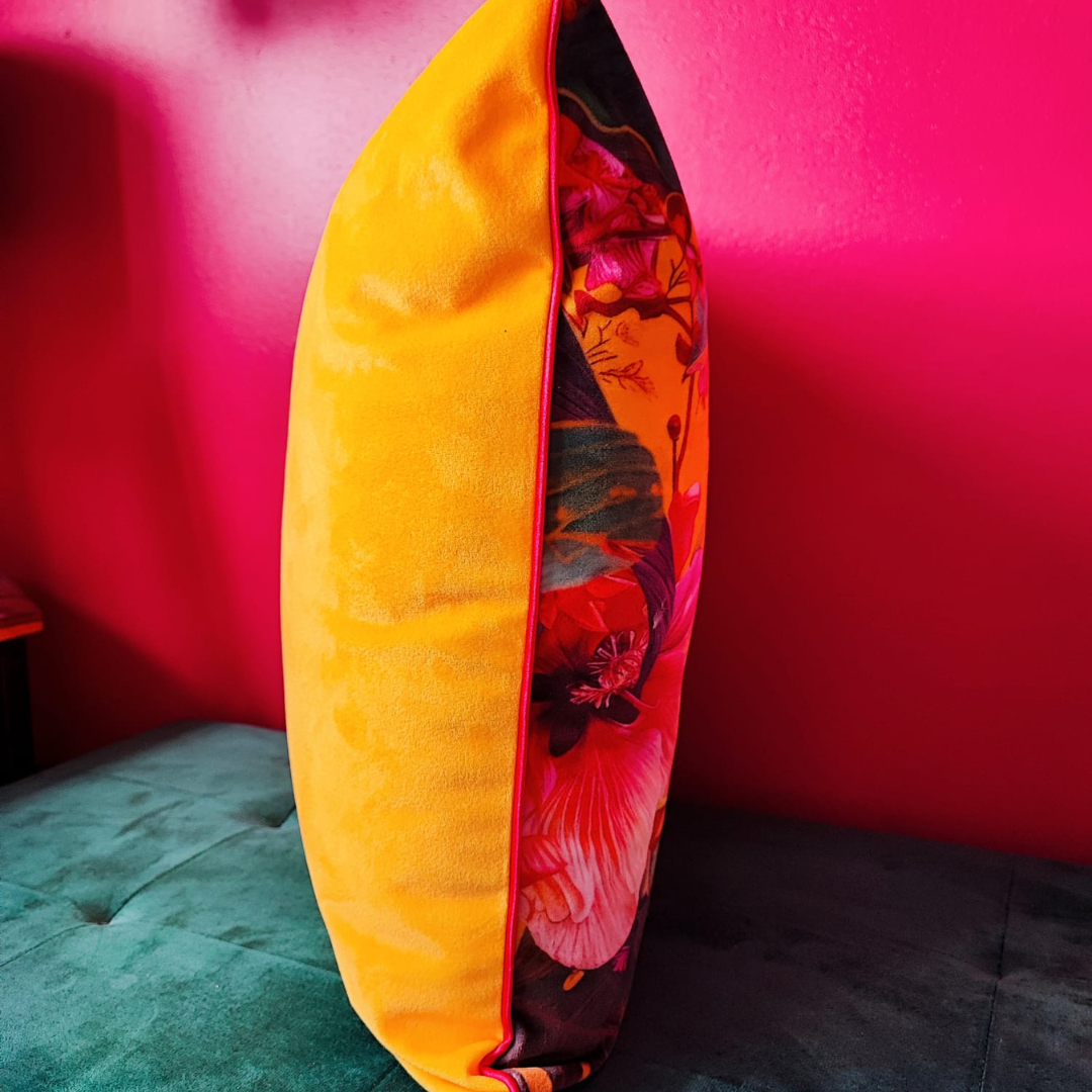 Tropical Hummingbird Cushion – Mustard Yellow Velvet with Hot Pink Piping