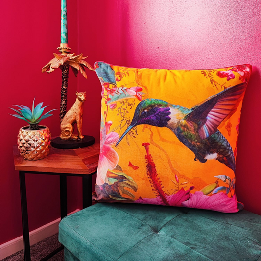 Tropical Hummingbird Cushion – Mustard Yellow Velvet with Hot Pink Piping