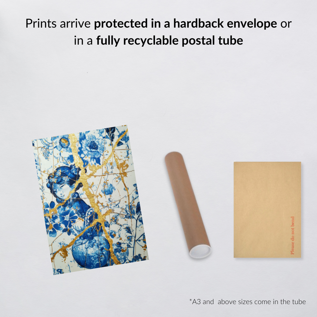 Kintsugi Dreams – Blue & Gold Maximalist Art Print