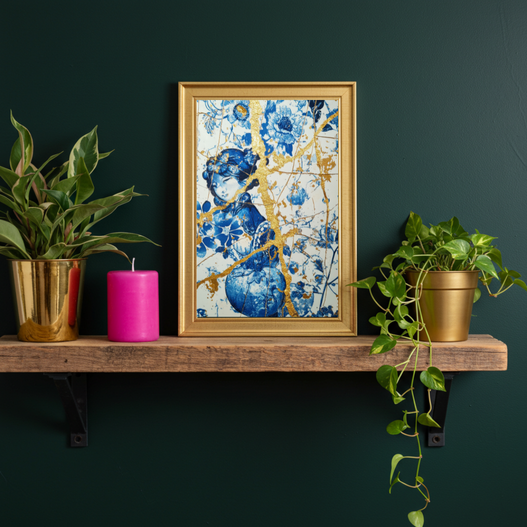 Kintsugi Dreams – Blue & Gold Maximalist Art Print
