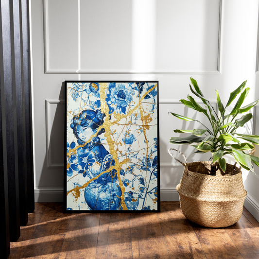Kintsugi Dreams – Blue & Gold Maximalist Art Print