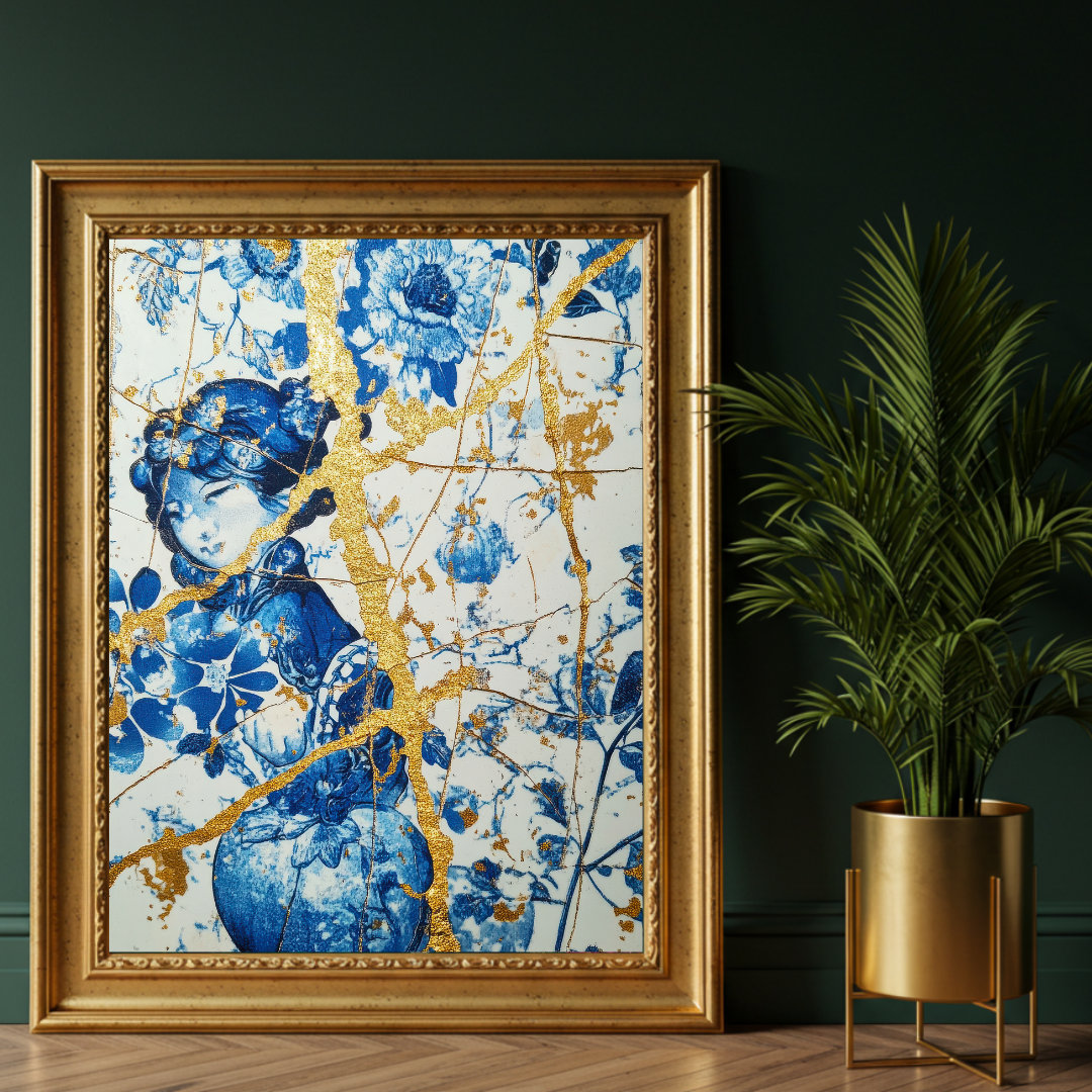 Kintsugi Dreams – Blue & Gold Maximalist Art Print