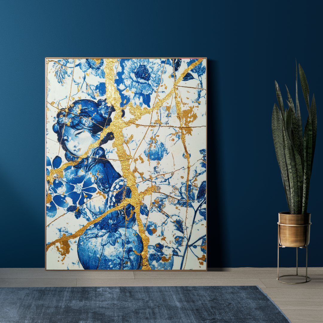 Kintsugi Dreams – Blue & Gold Maximalist Art Print