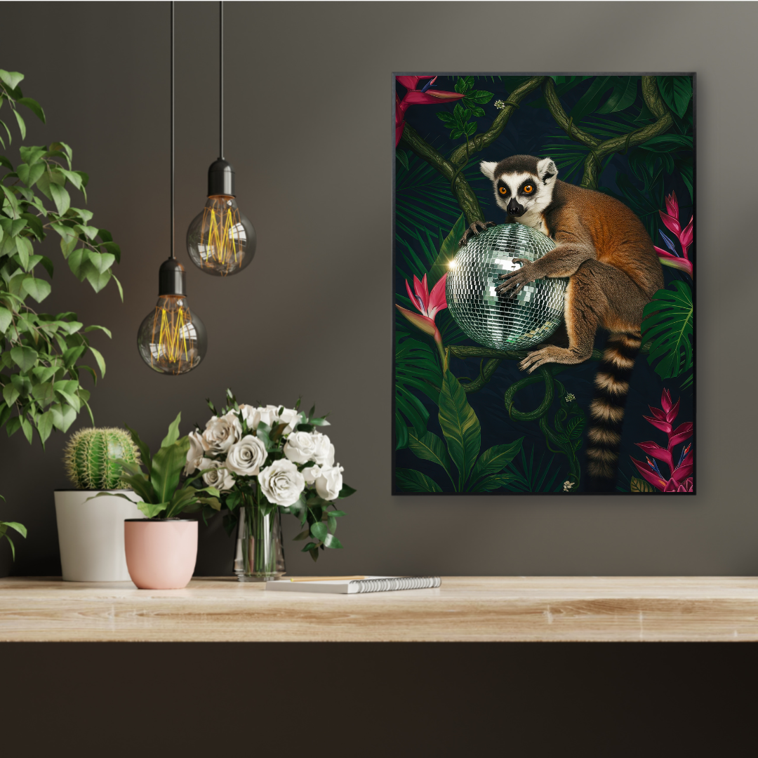 Lemur Disco Ball – Tropical Maximalist Wall Art