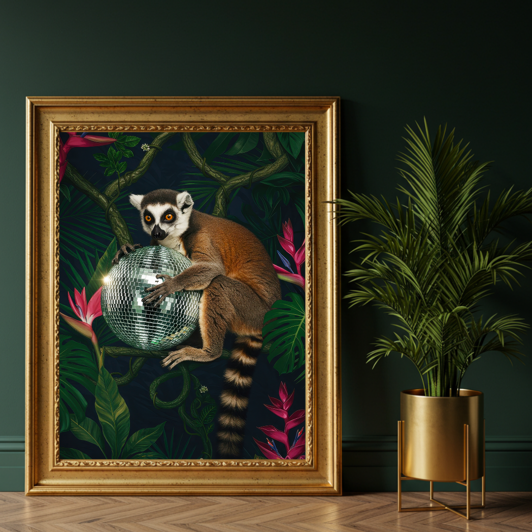 Lemur Disco Ball – Tropical Maximalist Wall Art