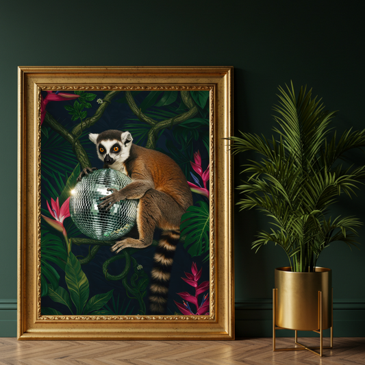 Lemur Disco Ball – Tropical Maximalist Wall Art