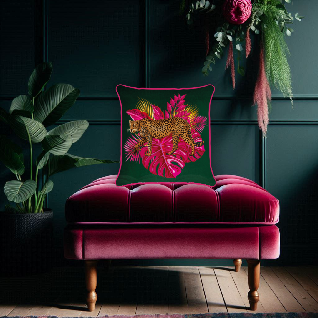 Luxe Leopard Cushion – Emerald Green & Fuchsia Jungle Elegance with Hot Pink Piping