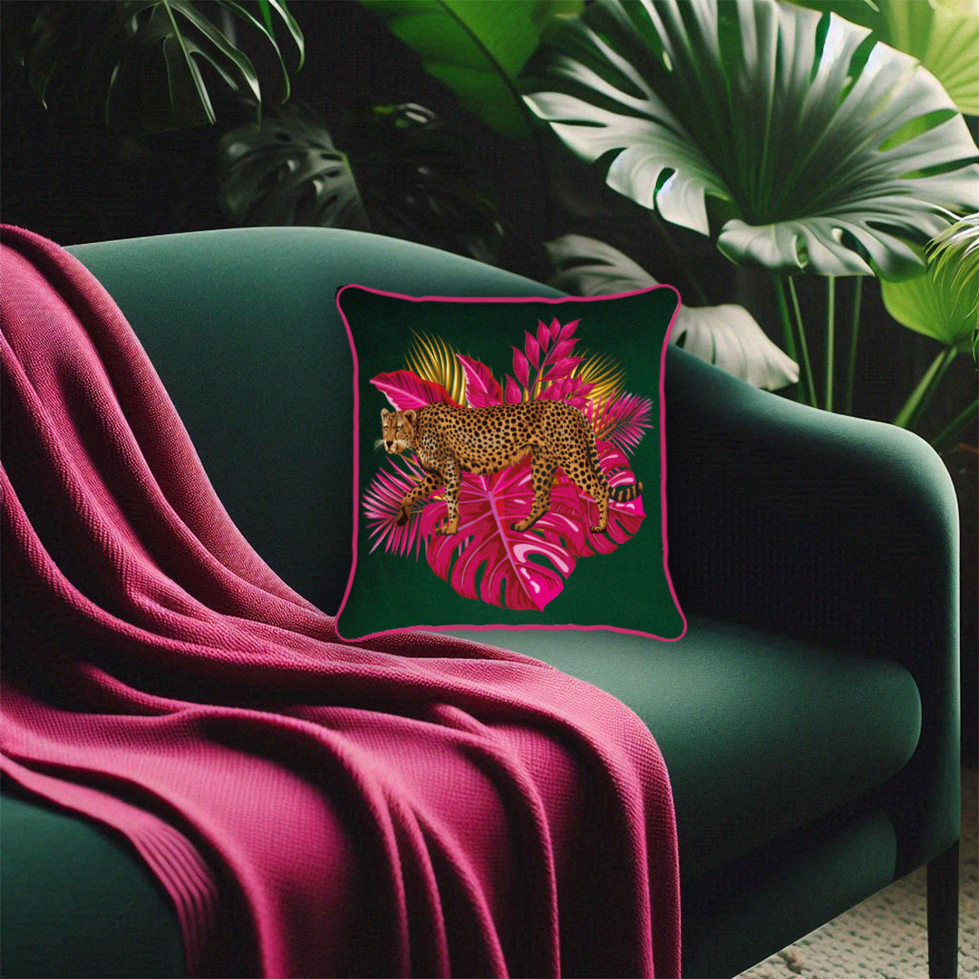 Luxe Leopard Cushion – Emerald Green & Fuchsia Jungle Elegance with Hot Pink Piping