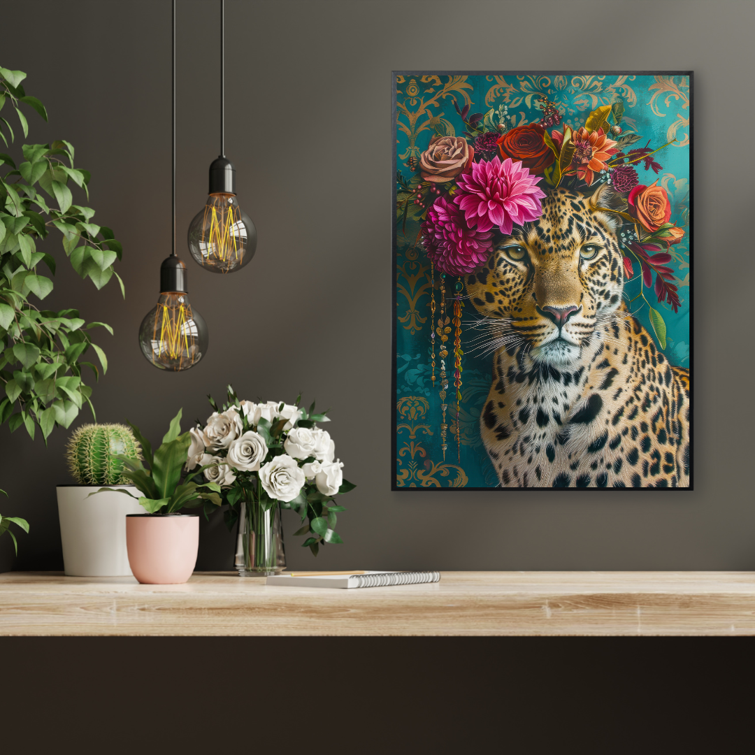Crowned Queen – Leopard in Maximalist Floral Headpiece Print