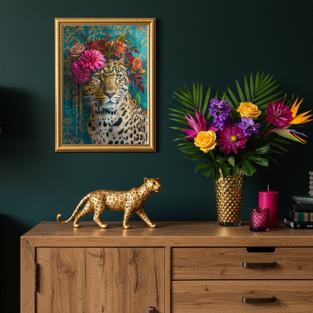 Crowned Queen – Leopard in Maximalist Floral Headpiece Print