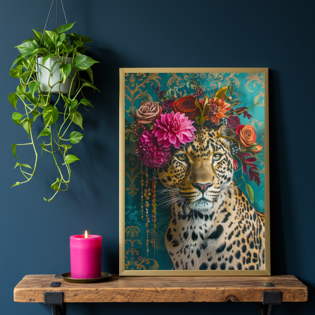 Crowned Queen – Leopard in Maximalist Floral Headpiece Print